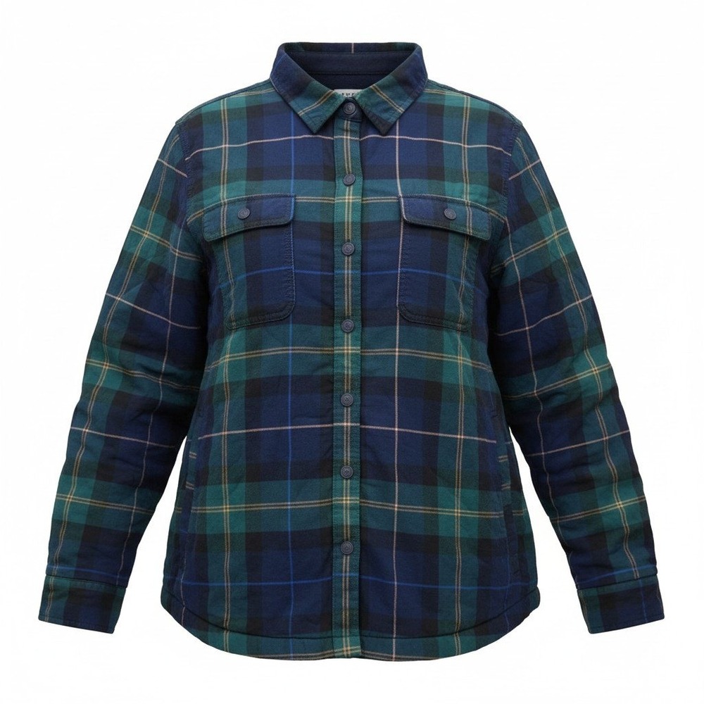 LL Bean Flannel Shirt Jacket Women XL Petite Green Blue Plaid Fleece Lined